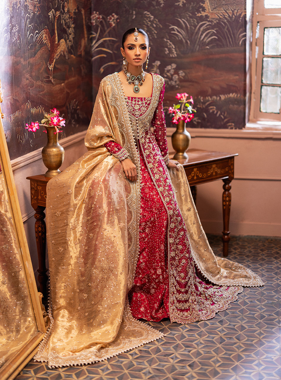 Cherry Red Zardozi Organza & Jamawar Bridal Lehenga (3-Piece) - Image 12
