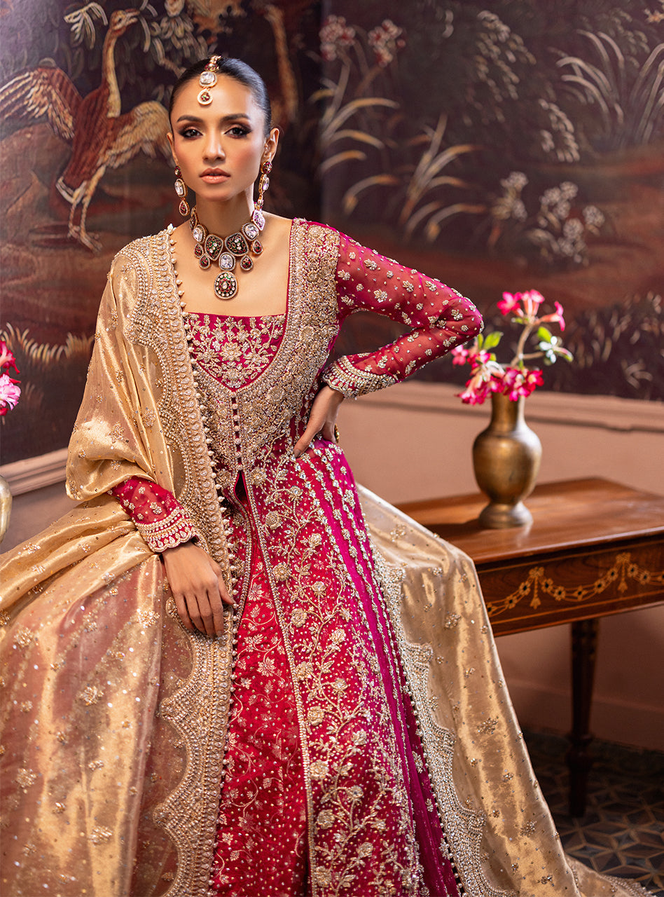 Cherry Red Zardozi Organza & Jamawar Bridal Lehenga (3-Piece) - Image 17