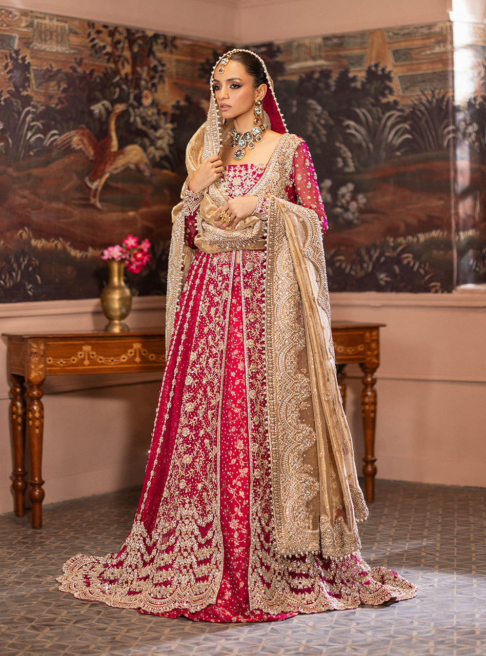 Cherry Red Zardozi Organza & Jamawar Bridal Lehenga (3-Piece) - Image 21