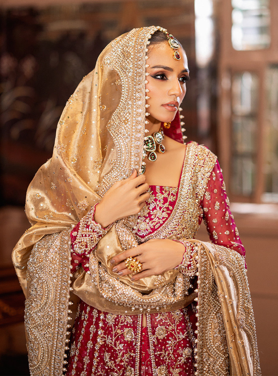 Cherry Red Zardozi Organza & Jamawar Bridal Lehenga (3-Piece) - Image 23