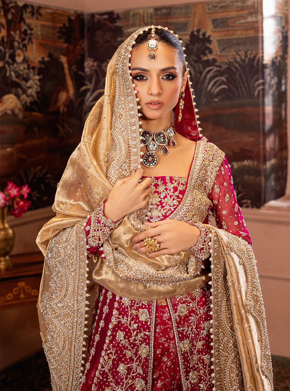 Cherry Red Zardozi Organza & Jamawar Bridal Lehenga (3-Piece) - Image 4