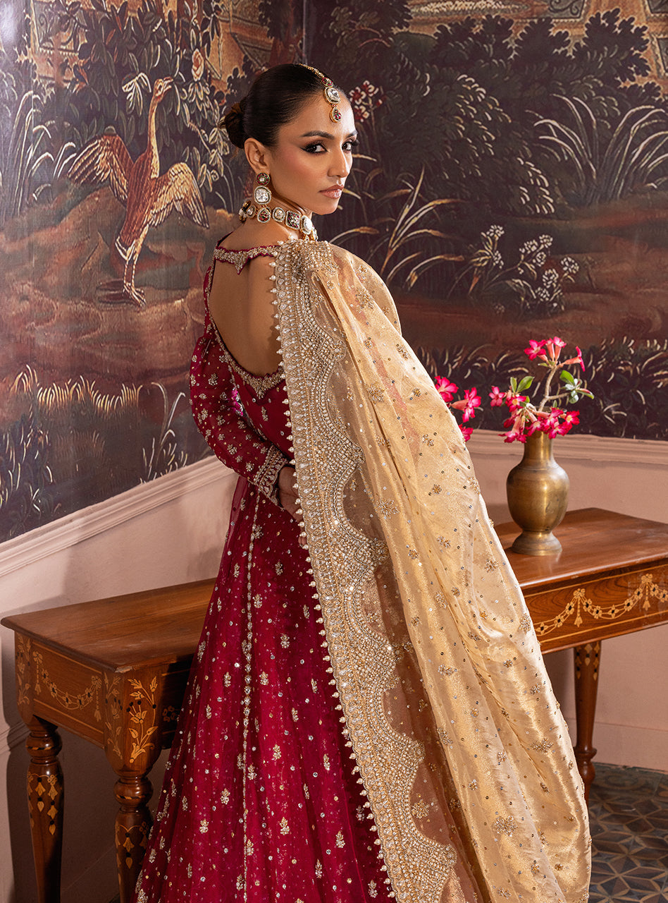 Cherry Red Zardozi Organza & Jamawar Bridal Lehenga (3-Piece) - Image 9
