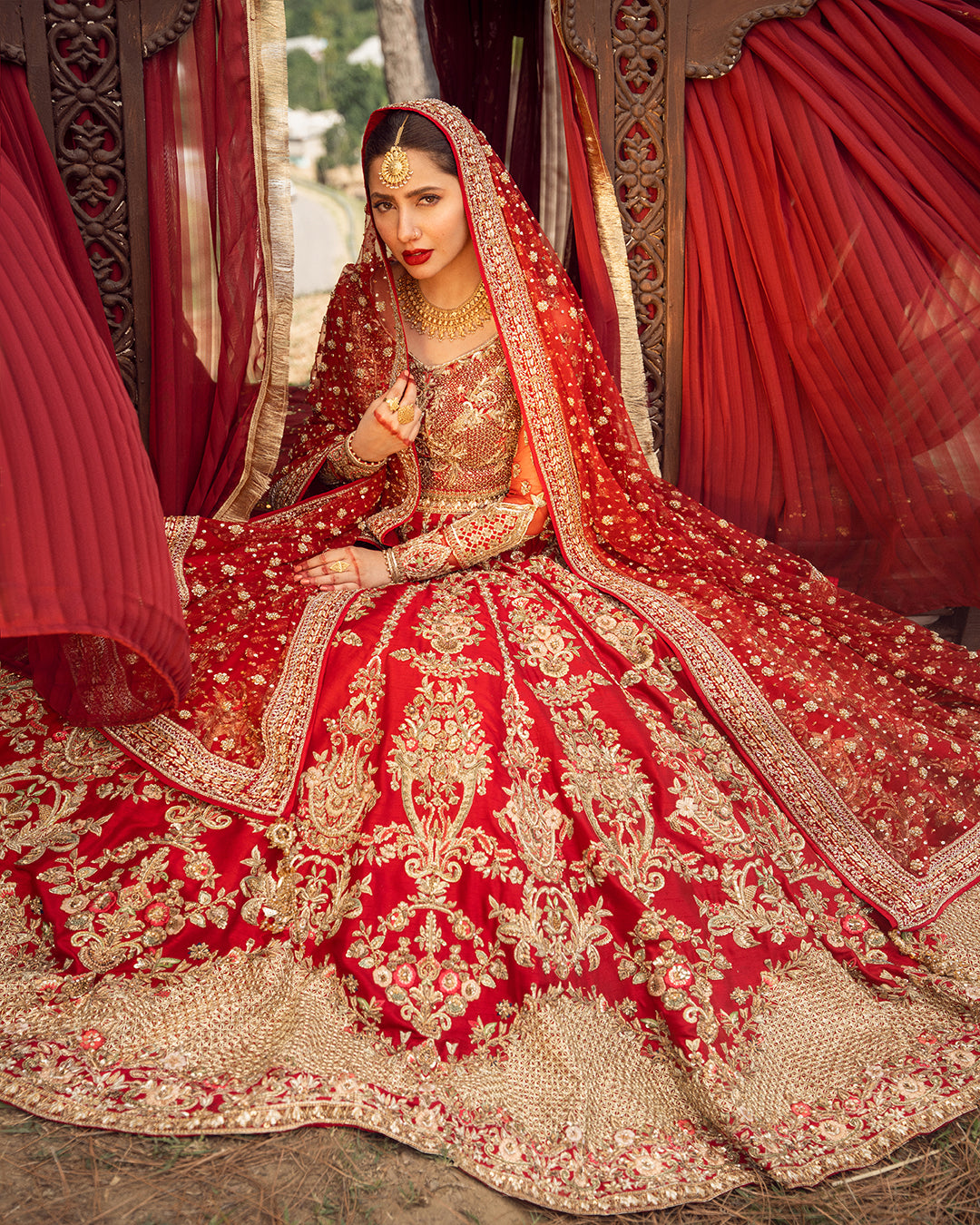 Pakistani Red Zardozi Organza & Silk Lehnga Choli (3-Piece) - Image 1