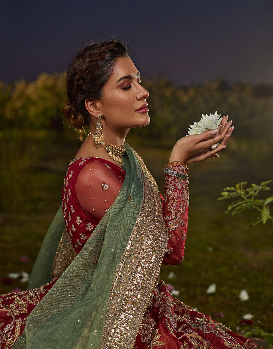 Pakistani Deep Red Zardozi Organza Bridal Lehenga Choli (3-Piece) - Image 1