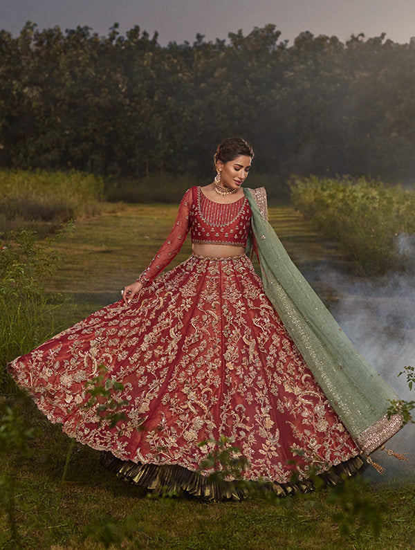 Pakistani Deep Red Zardozi Organza Bridal Lehenga Choli (3-Piece) - Image 2