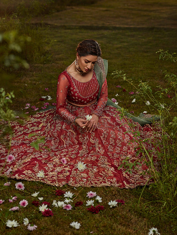 Pakistani Deep Red Zardozi Organza Bridal Lehenga Choli (3-Piece) - Image 3