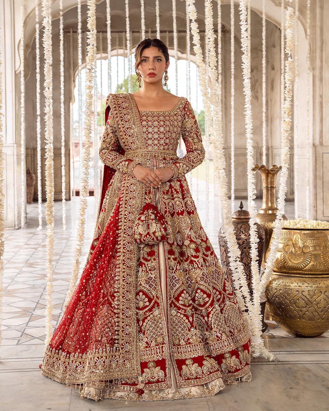 Pakistani Deep Red Zardozi Organza Gown with Tissue Lehenga (3-Piece) - Image 1