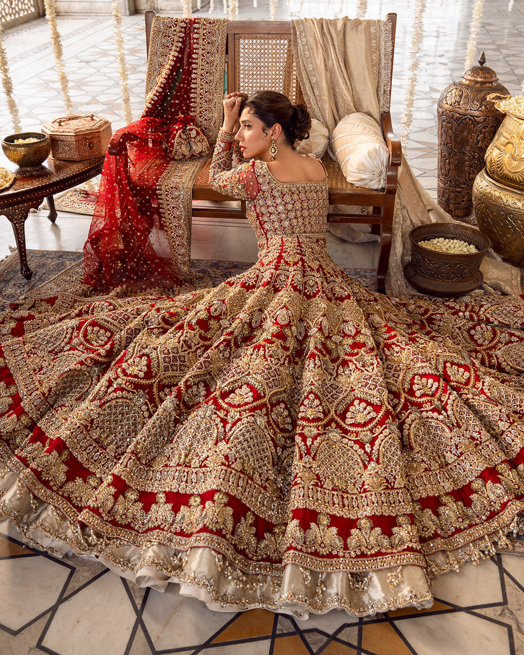 Pakistani Deep Red Zardozi Organza Gown with Tissue Lehenga (3-Piece) - Image 2