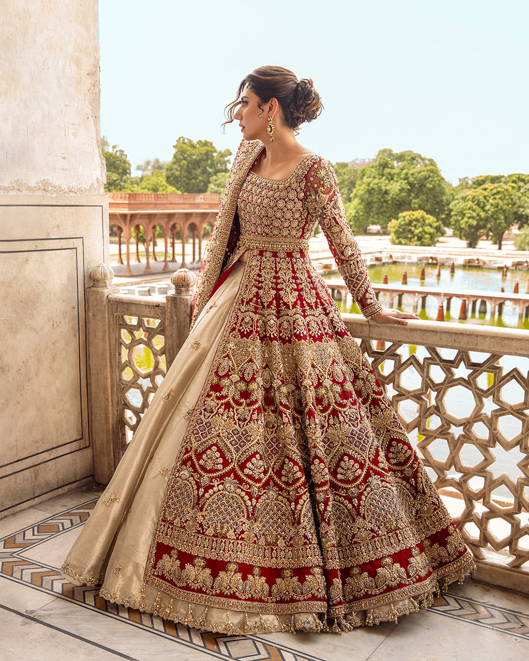 Pakistani Deep Red Zardozi Organza Gown with Tissue Lehenga (3-Piece) - Image 5