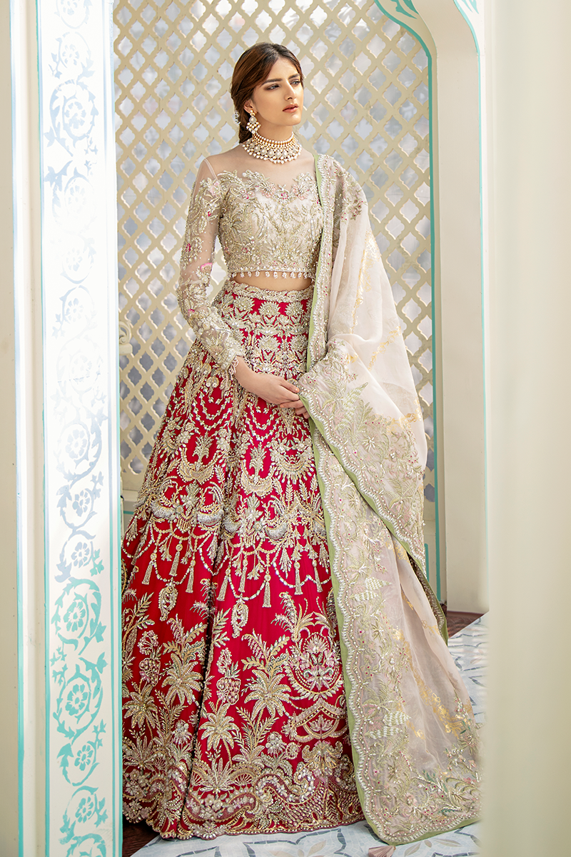 Pakistani Red Zardozi Embroidered Net Lehenga (3-Piece) - Image 10
