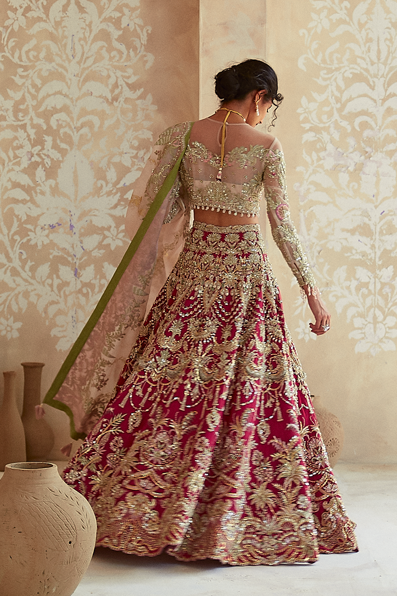 Pakistani Red Zardozi Embroidered Net Lehenga (3-Piece) - Image 2