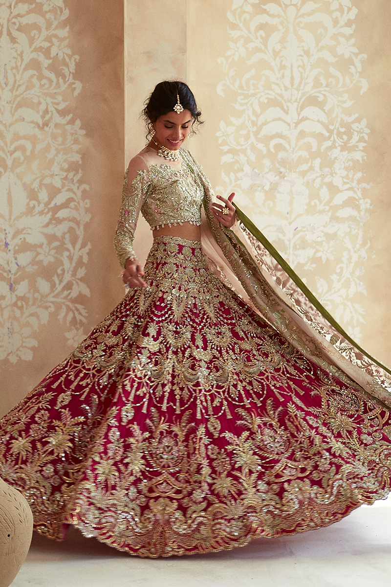 Pakistani Red Zardozi Embroidered Net Lehenga (3-Piece) - Image 3