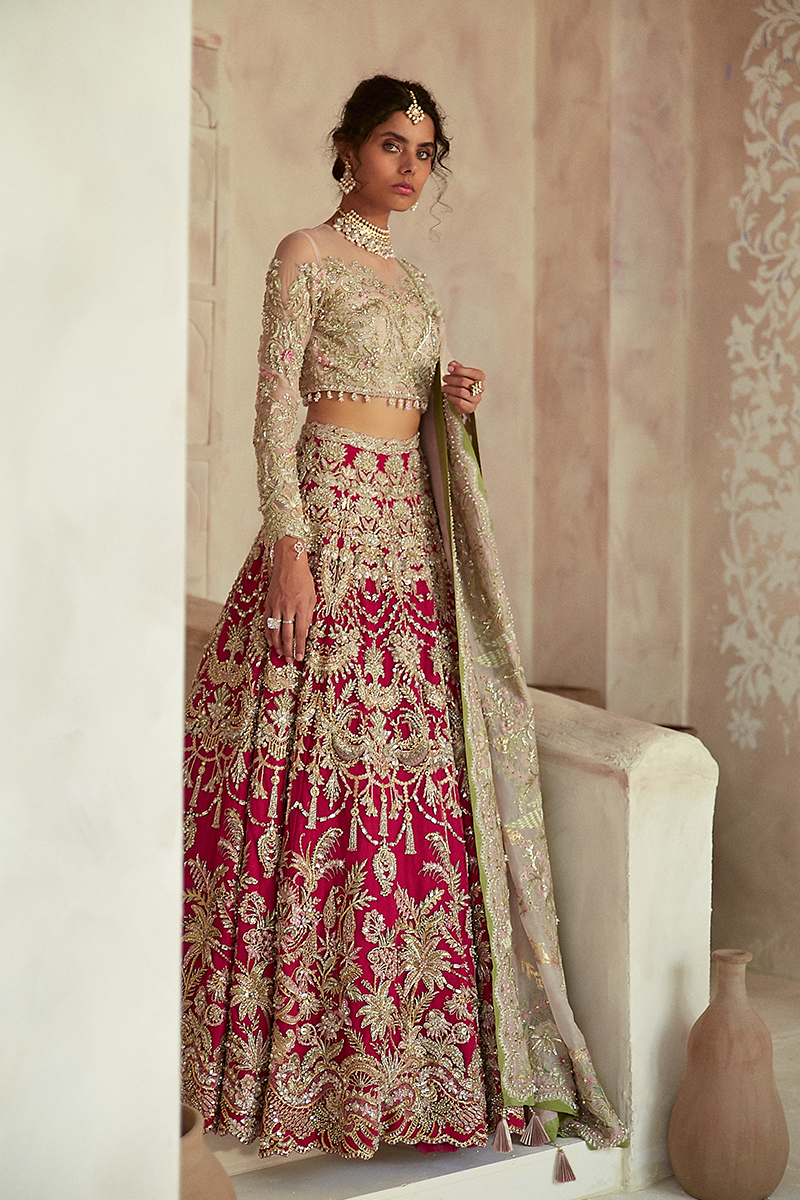 Pakistani Red Zardozi Embroidered Net Lehenga (3-Piece) - Image 4