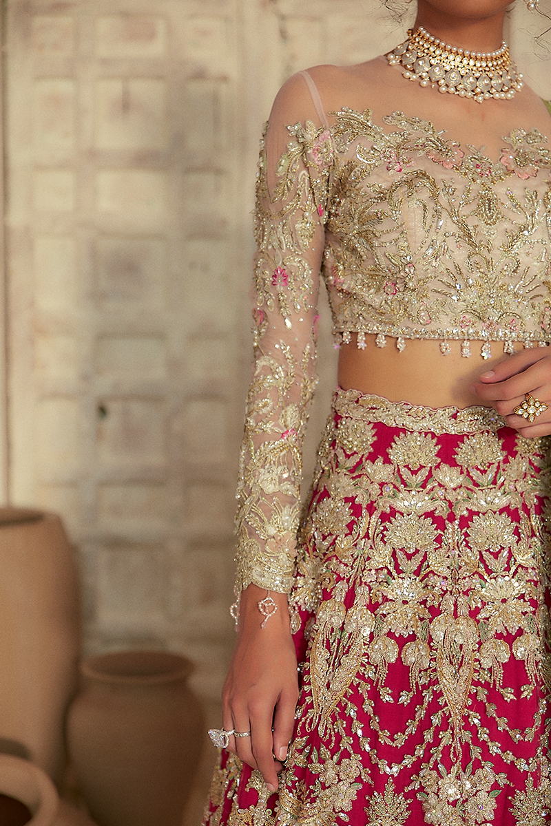 Pakistani Red Zardozi Embroidered Net Lehenga (3-Piece) - Image 5