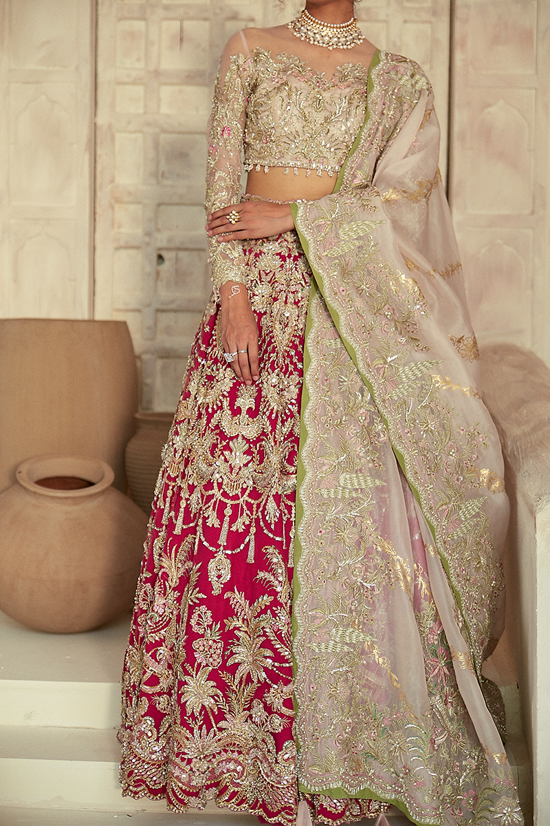 Pakistani Red Zardozi Embroidered Net Lehenga (3-Piece) - Image 6