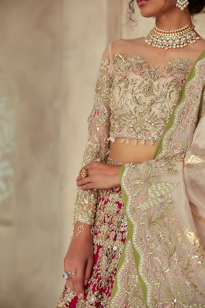 Pakistani Red Zardozi Embroidered Net Lehenga (3-Piece) - Image 7