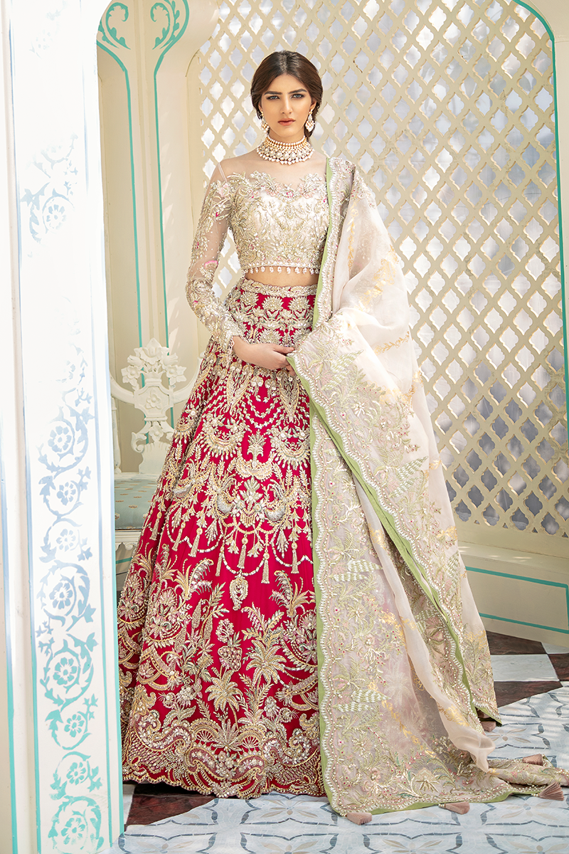 Pakistani Red Zardozi Embroidered Net Lehenga (3-Piece) - Image 8
