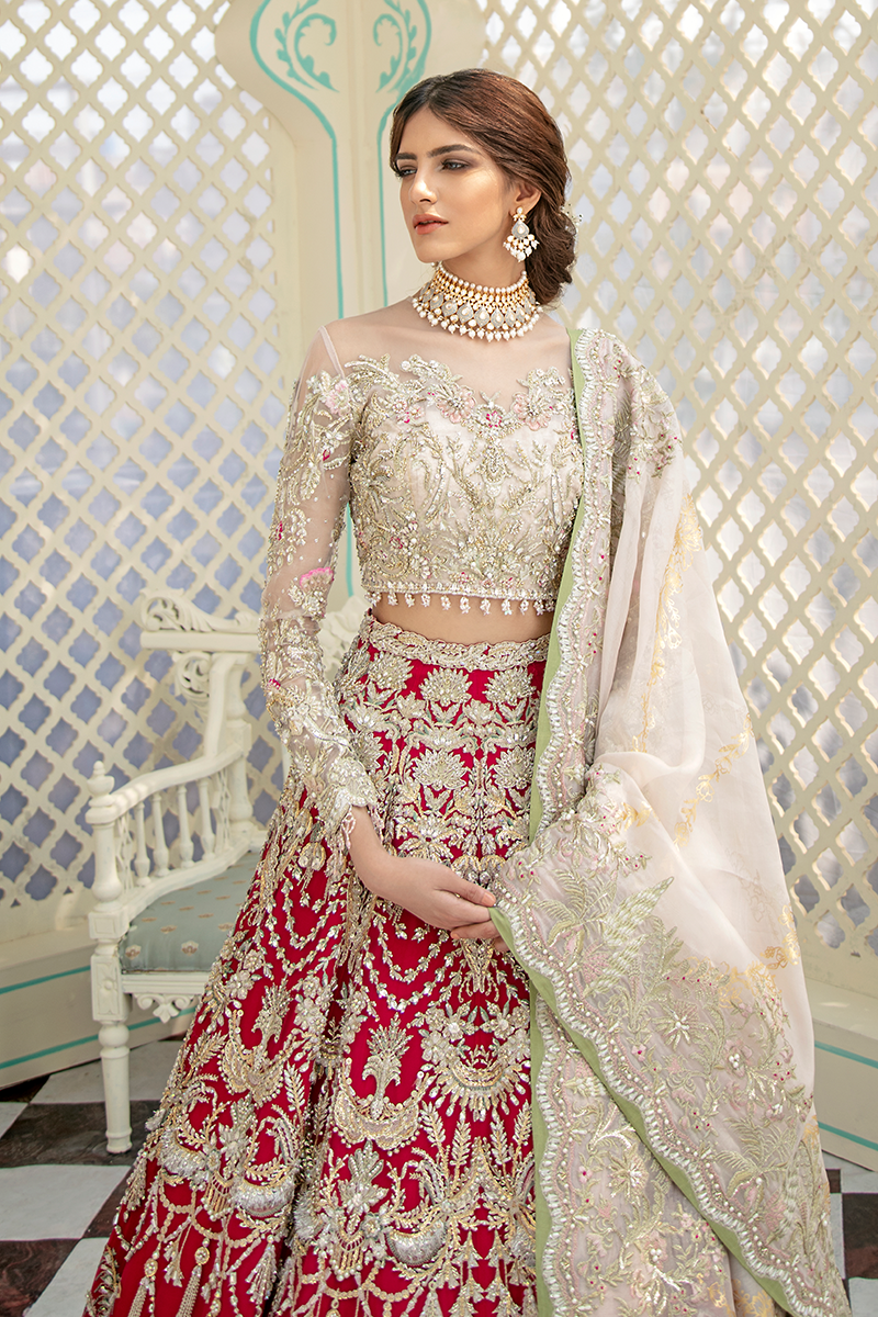 Pakistani Red Zardozi Embroidered Net Lehenga (3-Piece) - Image 9