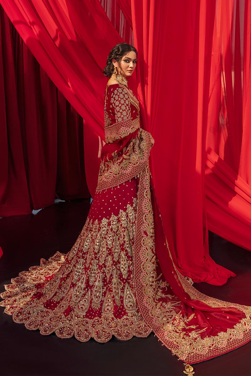 Pakistani Red Zardozi Organza & Tissue Lehenga (3-Piece) - Image 10