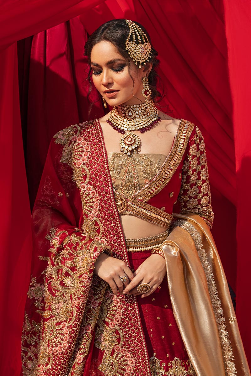 Pakistani Red Zardozi Organza & Tissue Lehenga (3-Piece) - Image 2