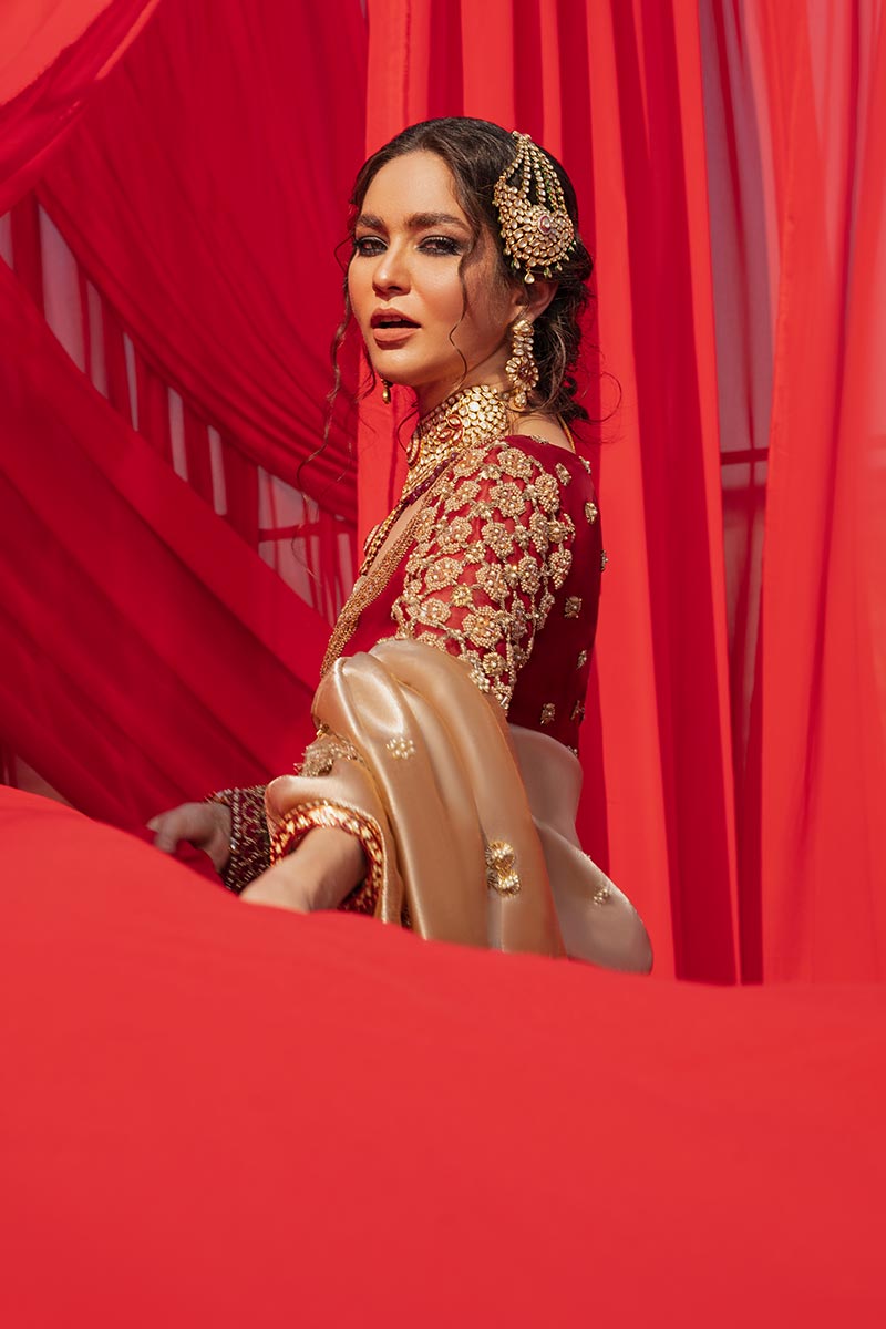 Pakistani Red Zardozi Organza & Tissue Lehenga (3-Piece) - Image 4