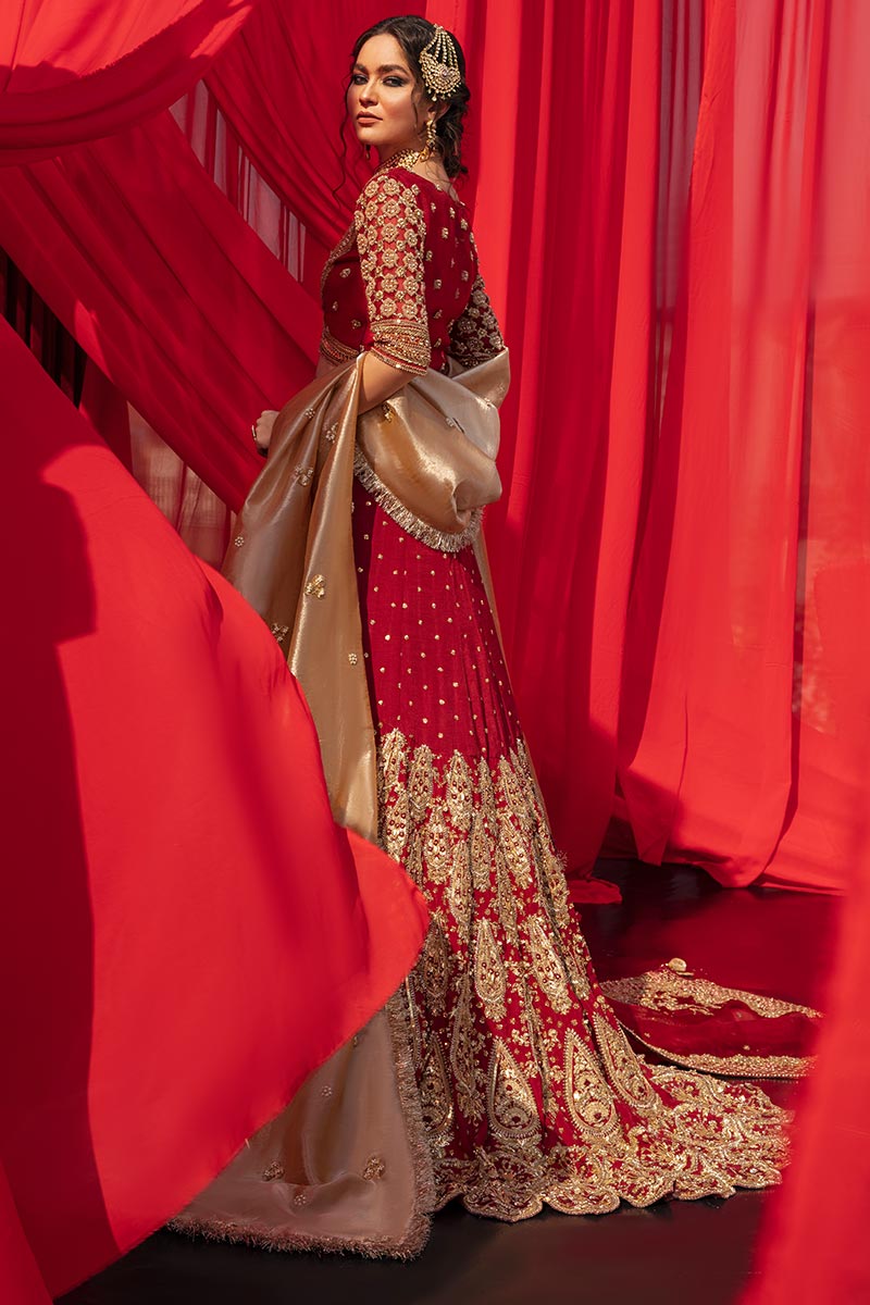Pakistani Red Zardozi Organza & Tissue Lehenga (3-Piece) - Image 7