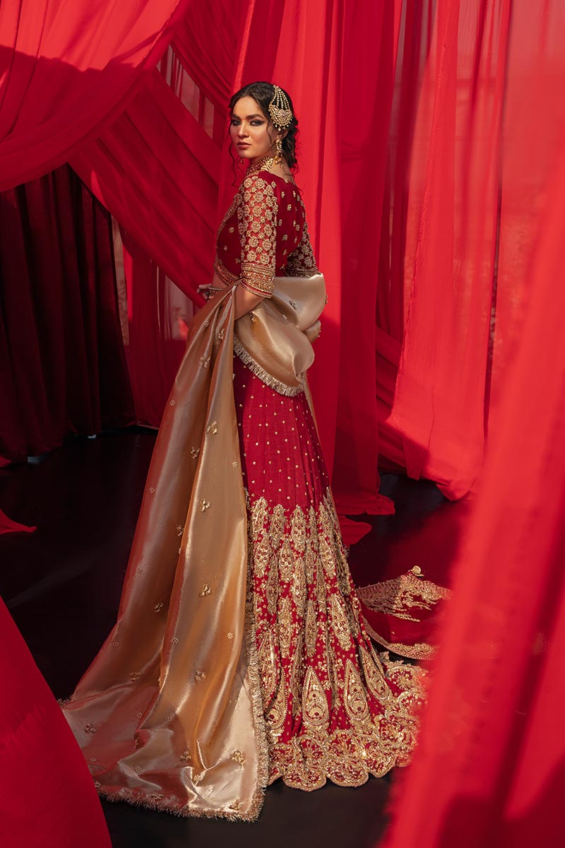 Pakistani Red Zardozi Organza & Tissue Lehenga (3-Piece) - Image 8