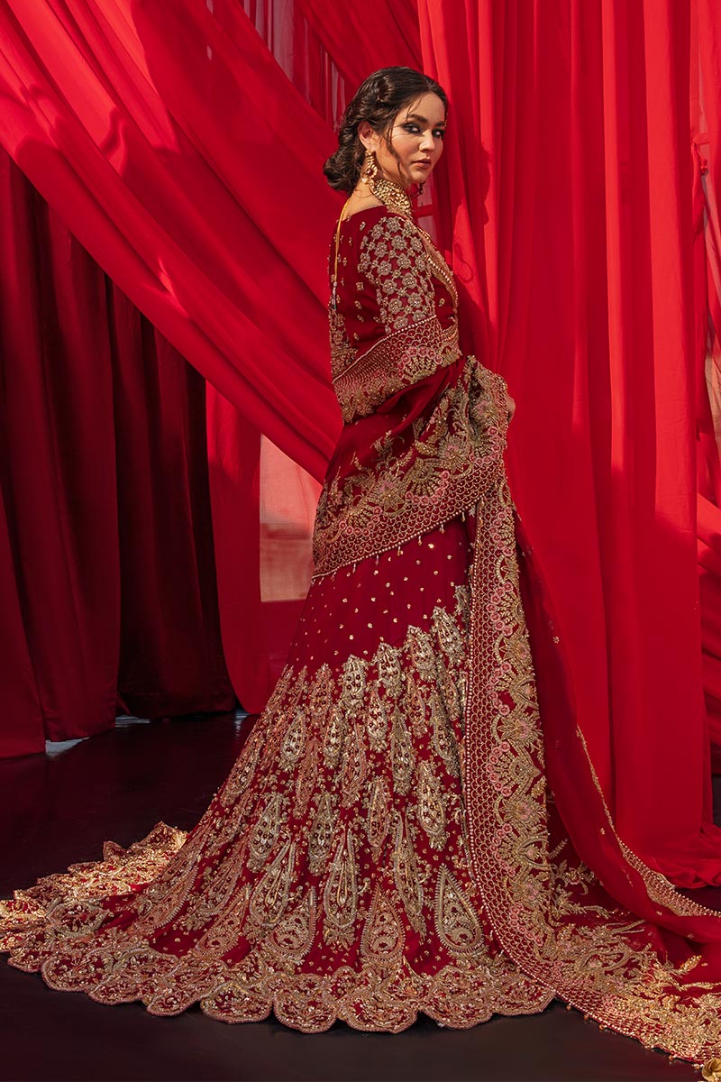 Pakistani Red Zardozi Organza & Tissue Lehenga (3-Piece) - Image 9