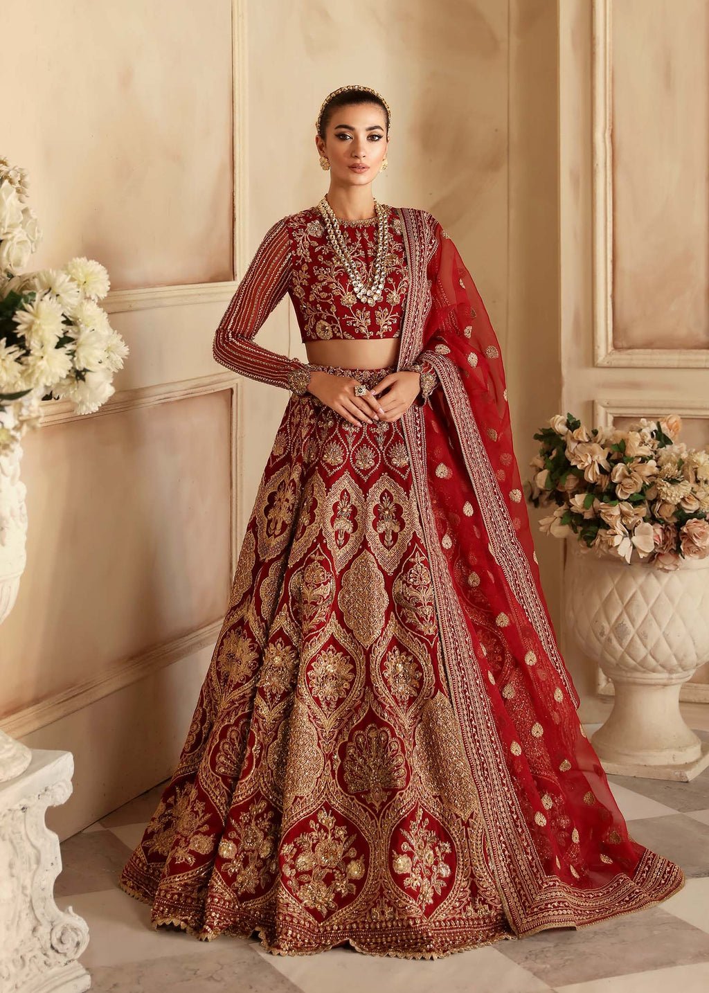 Pakistani Deep Red Hand-Embellished Organza Bridal Lehenga (3-Piece) - Image 1