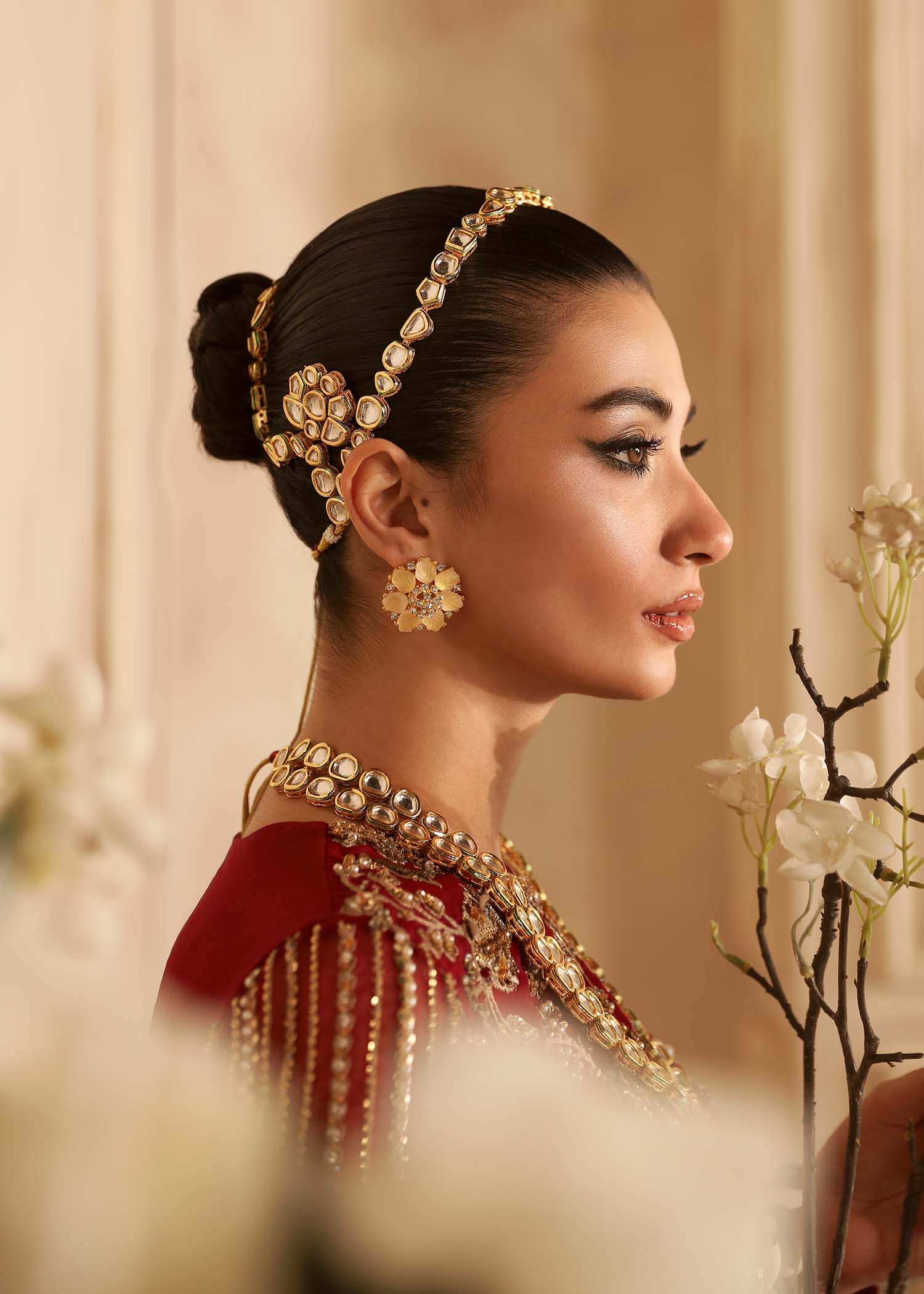 Pakistani Deep Red Hand-Embellished Organza Bridal Lehenga (3-Piece) - Image 2