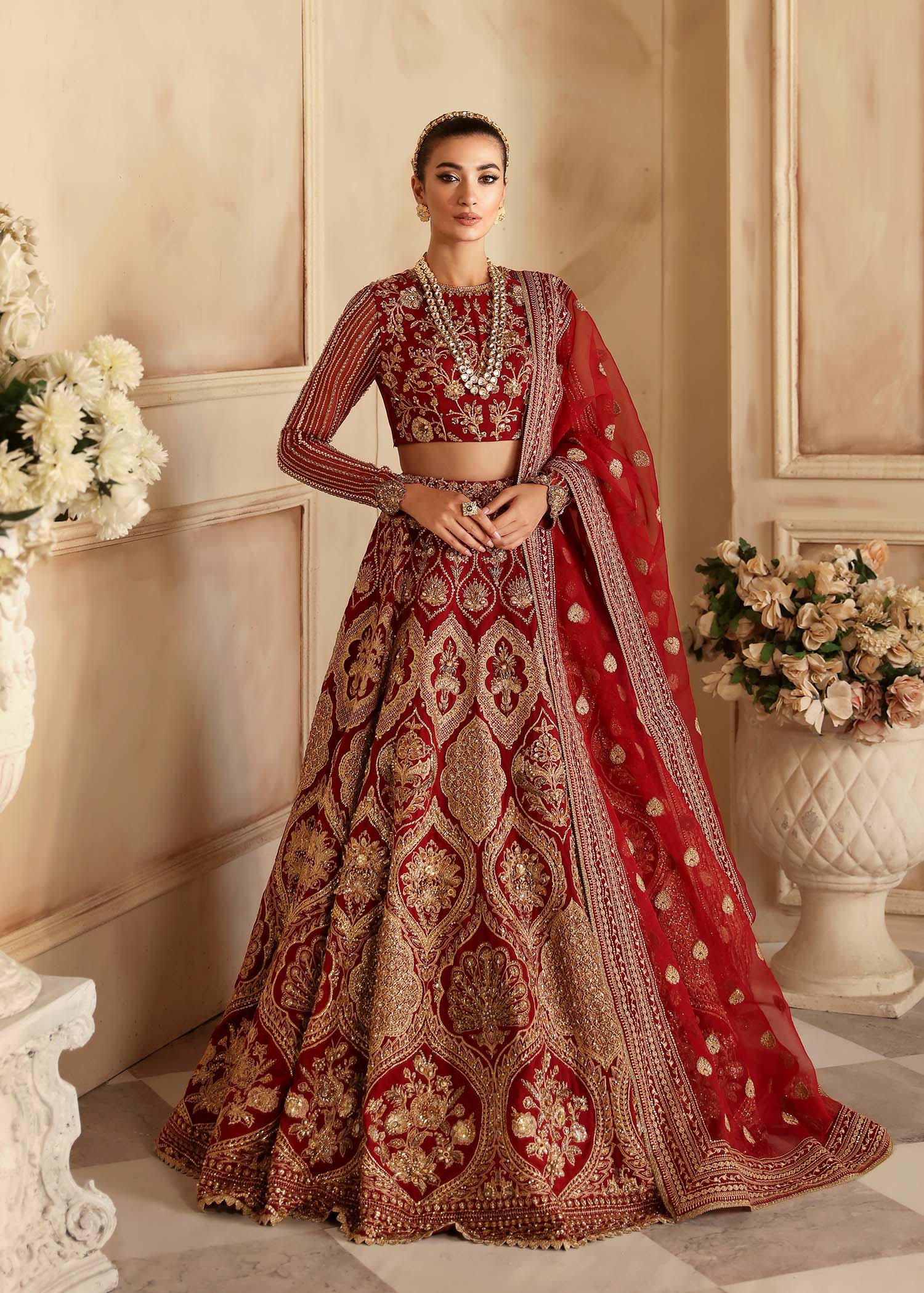 Pakistani Deep Red Hand-Embellished Organza Bridal Lehenga (3-Piece) - Image 3