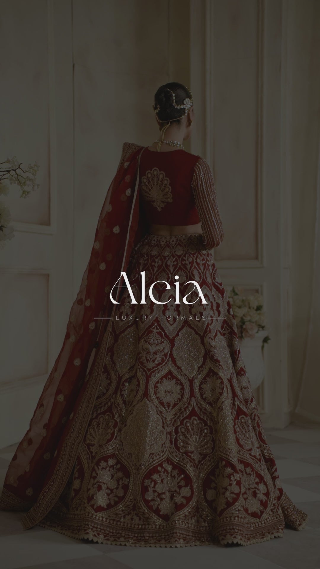 Pakistani Deep Red Hand-Embellished Organza Bridal Lehenga (3-Piece) - Image 5