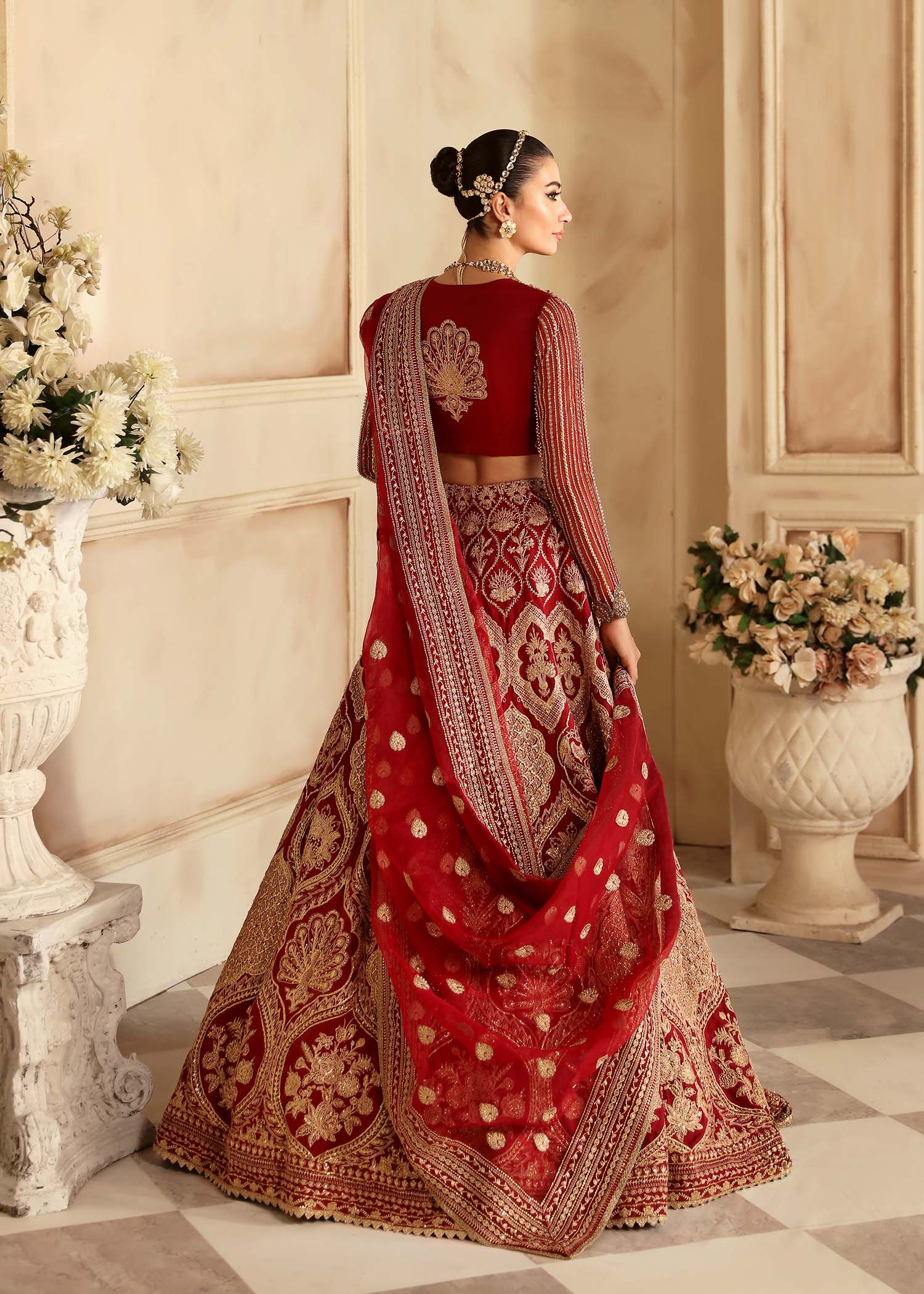 Pakistani Deep Red Hand-Embellished Organza Bridal Lehenga (3-Piece) - Image 6