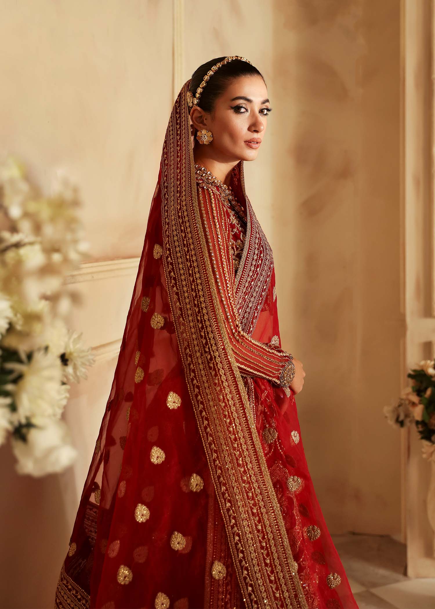 Pakistani Deep Red Hand-Embellished Organza Bridal Lehenga (3-Piece) - Image 8