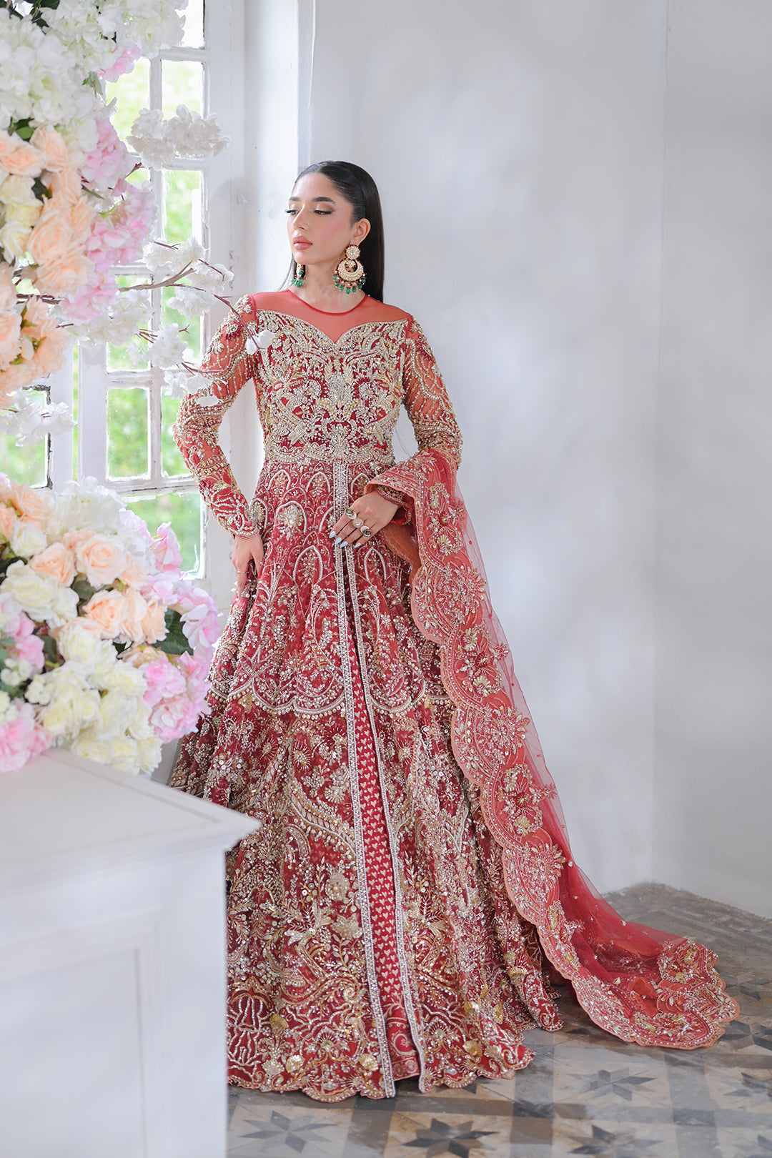 Red Embroidered Net & Organza Bridal Lehenga (3-Piece) - Image 1