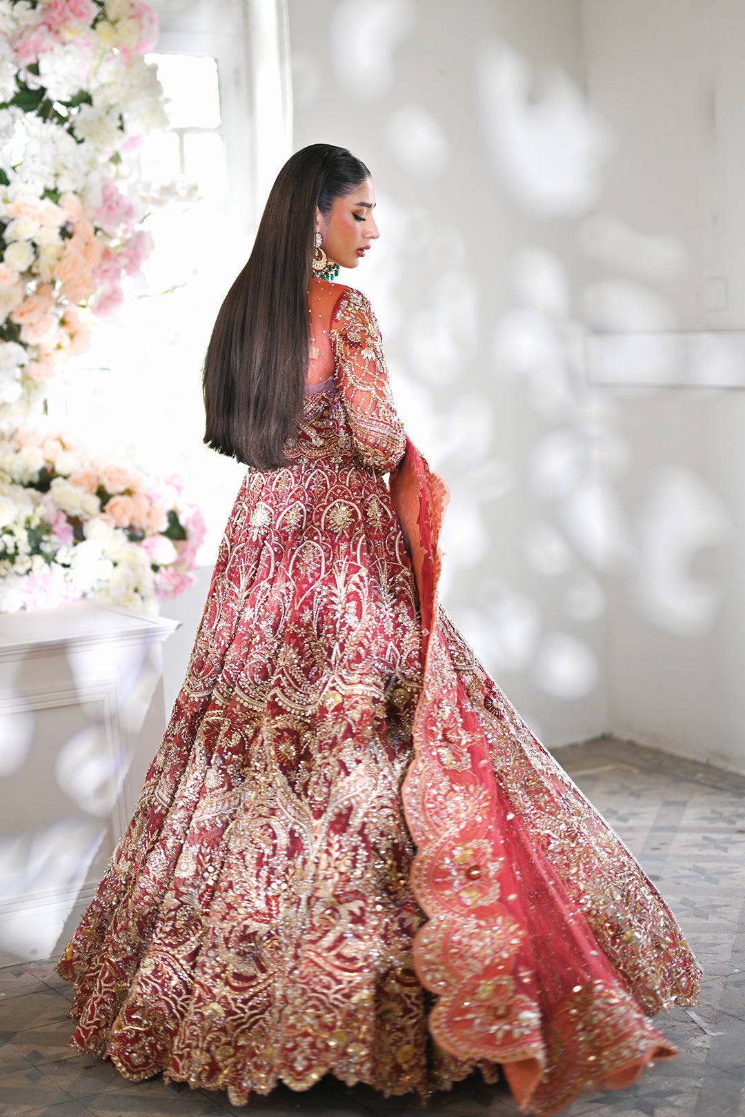 Red Embroidered Net & Organza Bridal Lehenga (3-Piece) - Image 4