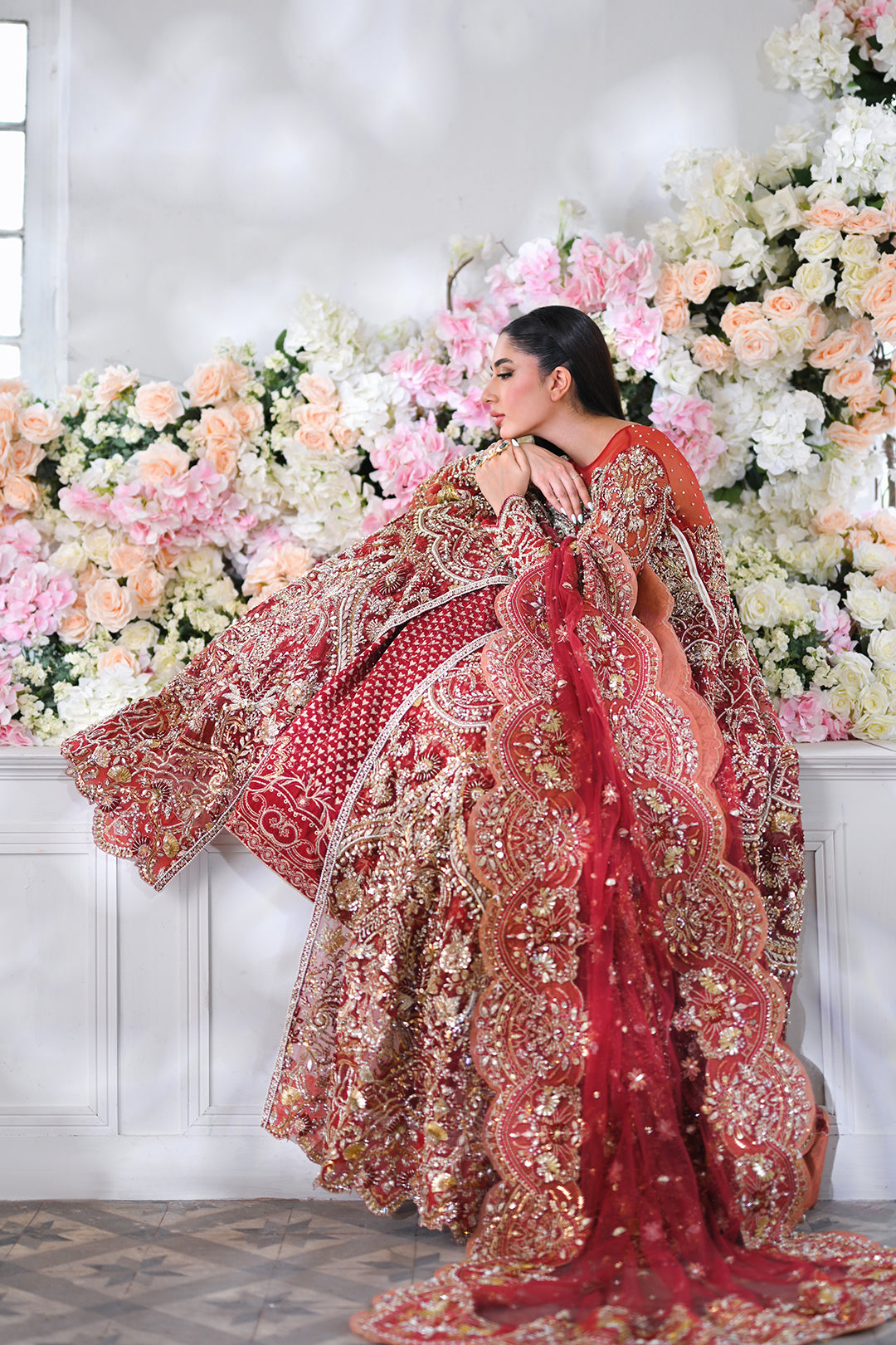 Red Embroidered Net & Organza Bridal Lehenga (3-Piece) - Image 5