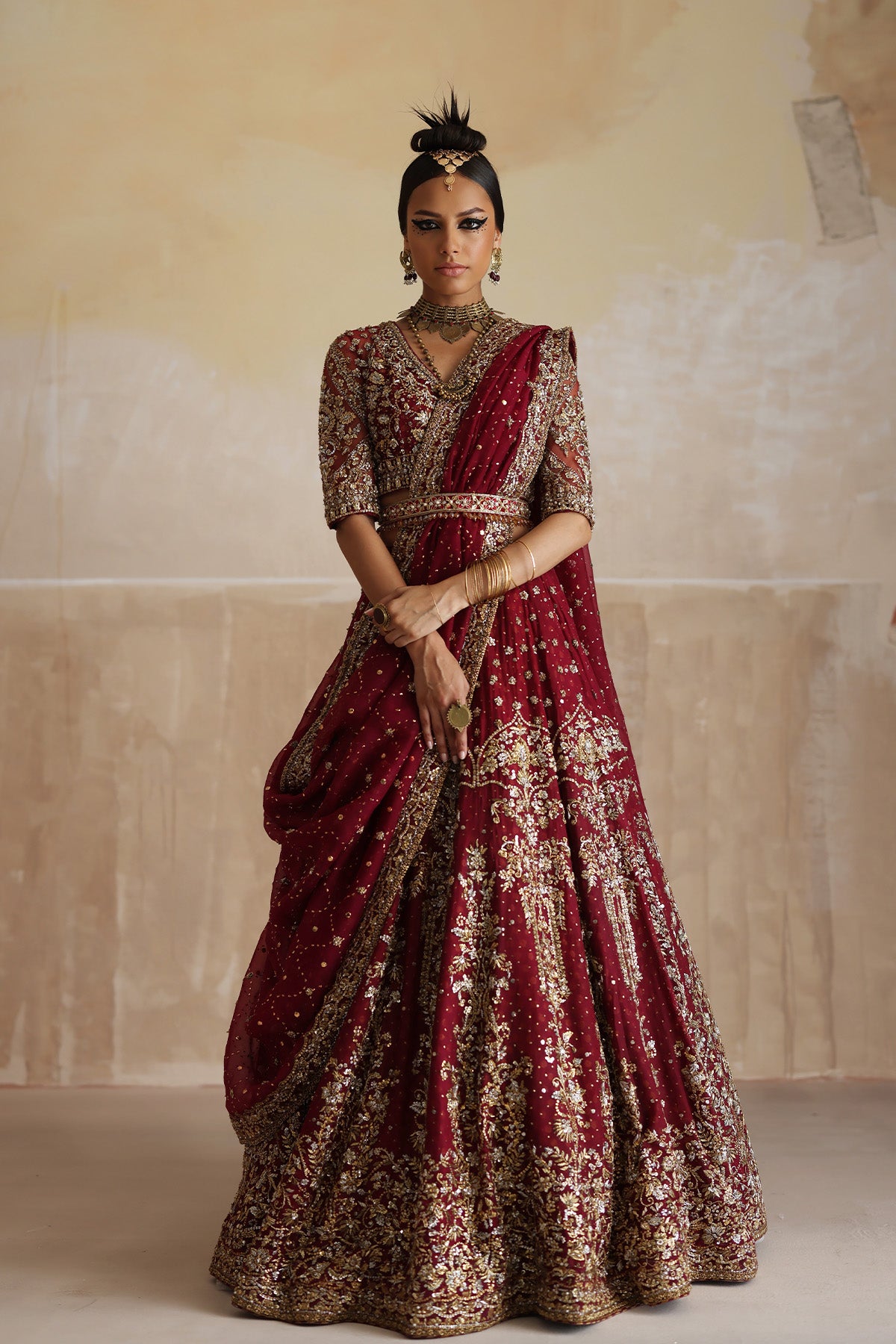 Pakistani Deep Red Zardozi Organza & Net Lehenga Choli (3-Piece) - Image 1