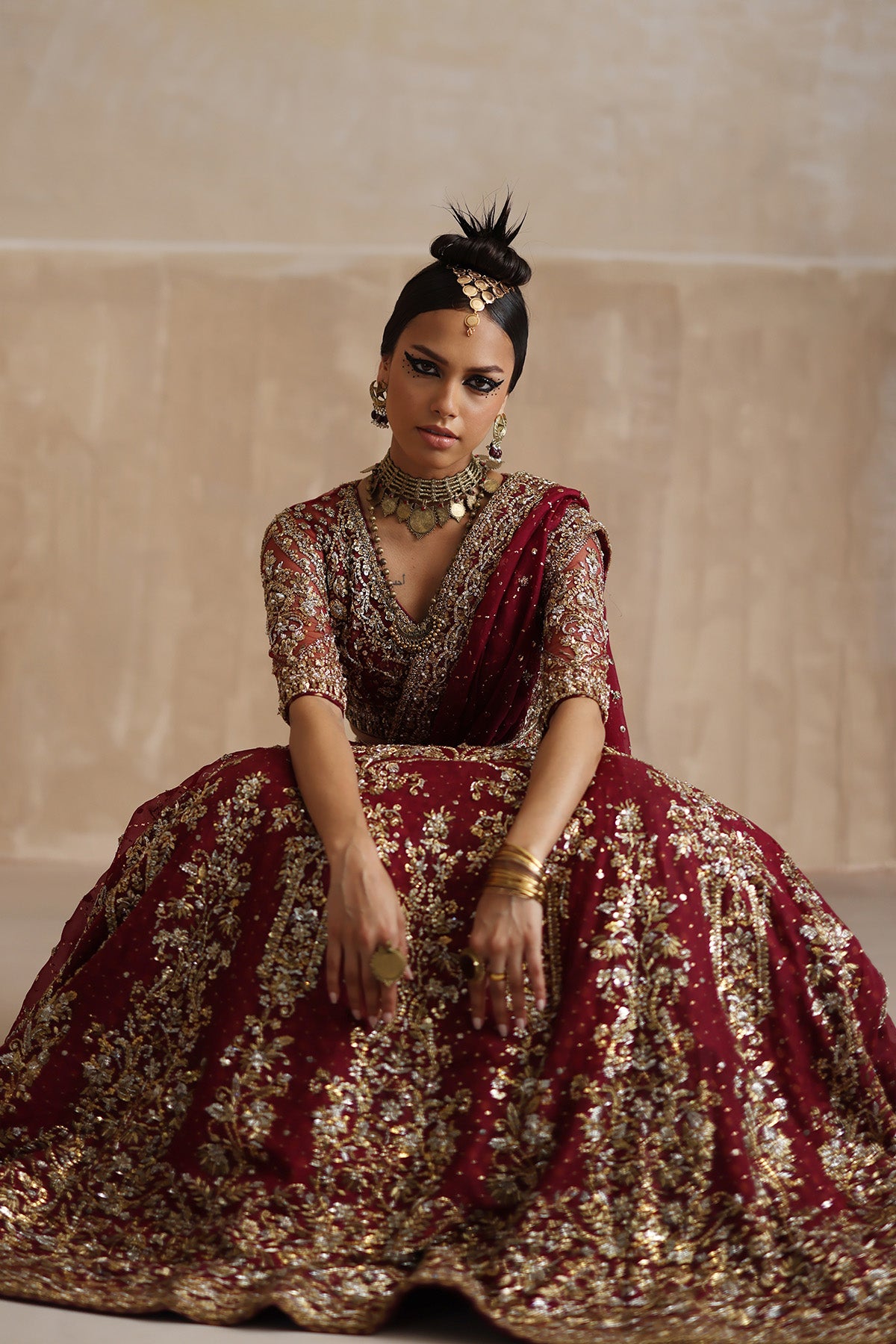 Pakistani Deep Red Zardozi Organza & Net Lehenga Choli (3-Piece) - Image 2