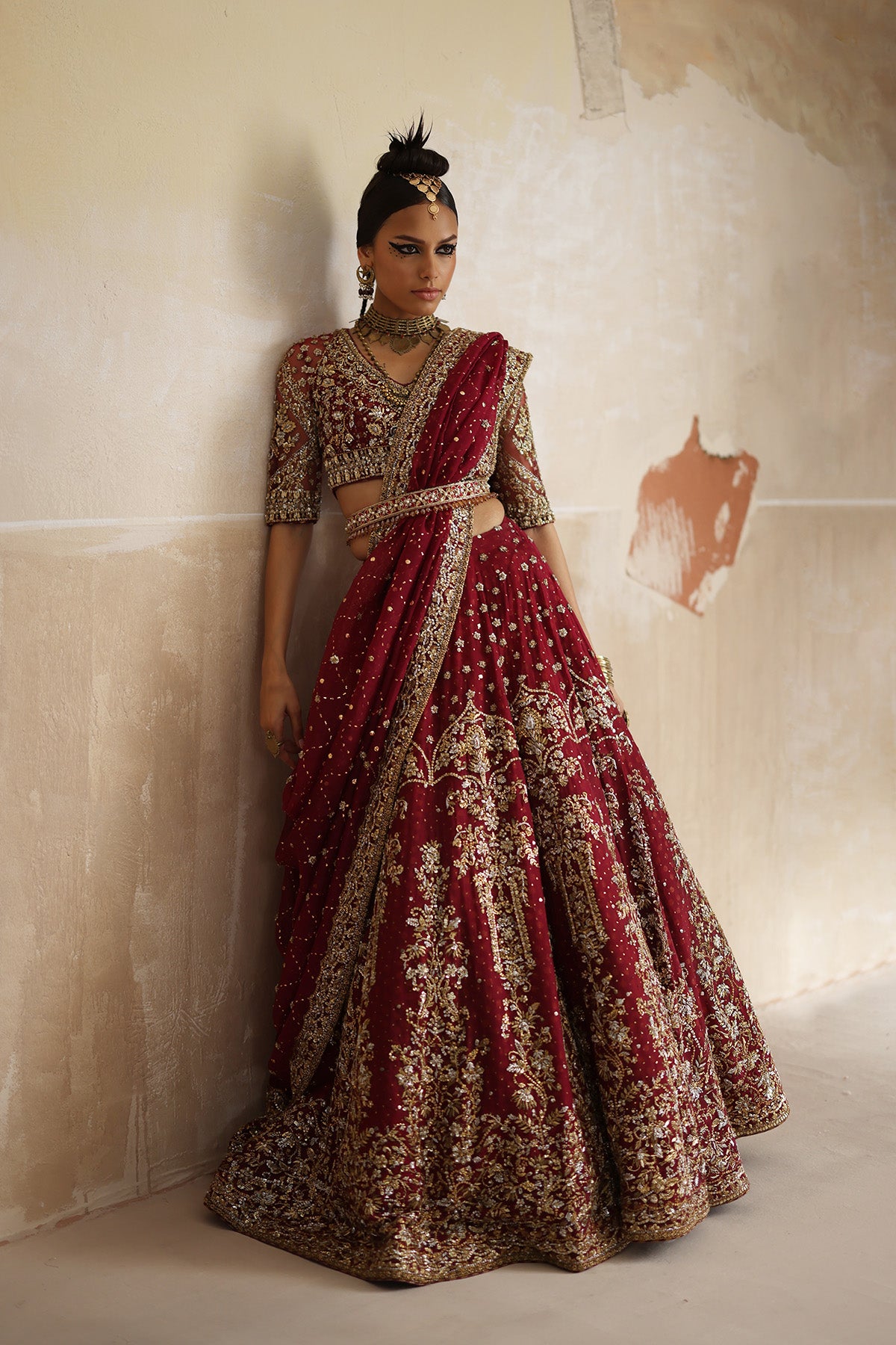 Pakistani Deep Red Zardozi Organza & Net Lehenga Choli (3-Piece) - Image 3