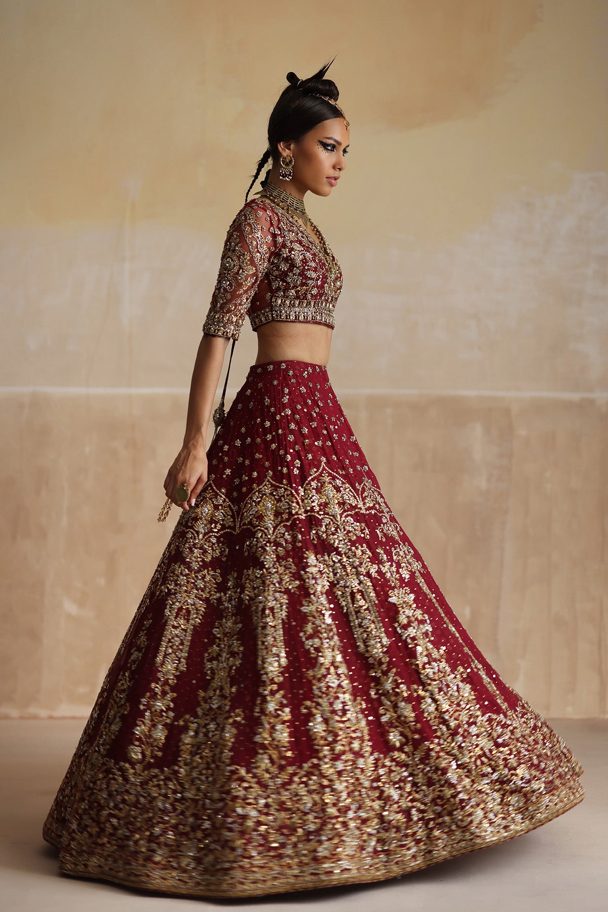 Pakistani Deep Red Zardozi Organza & Net Lehenga Choli (3-Piece) - Image 4
