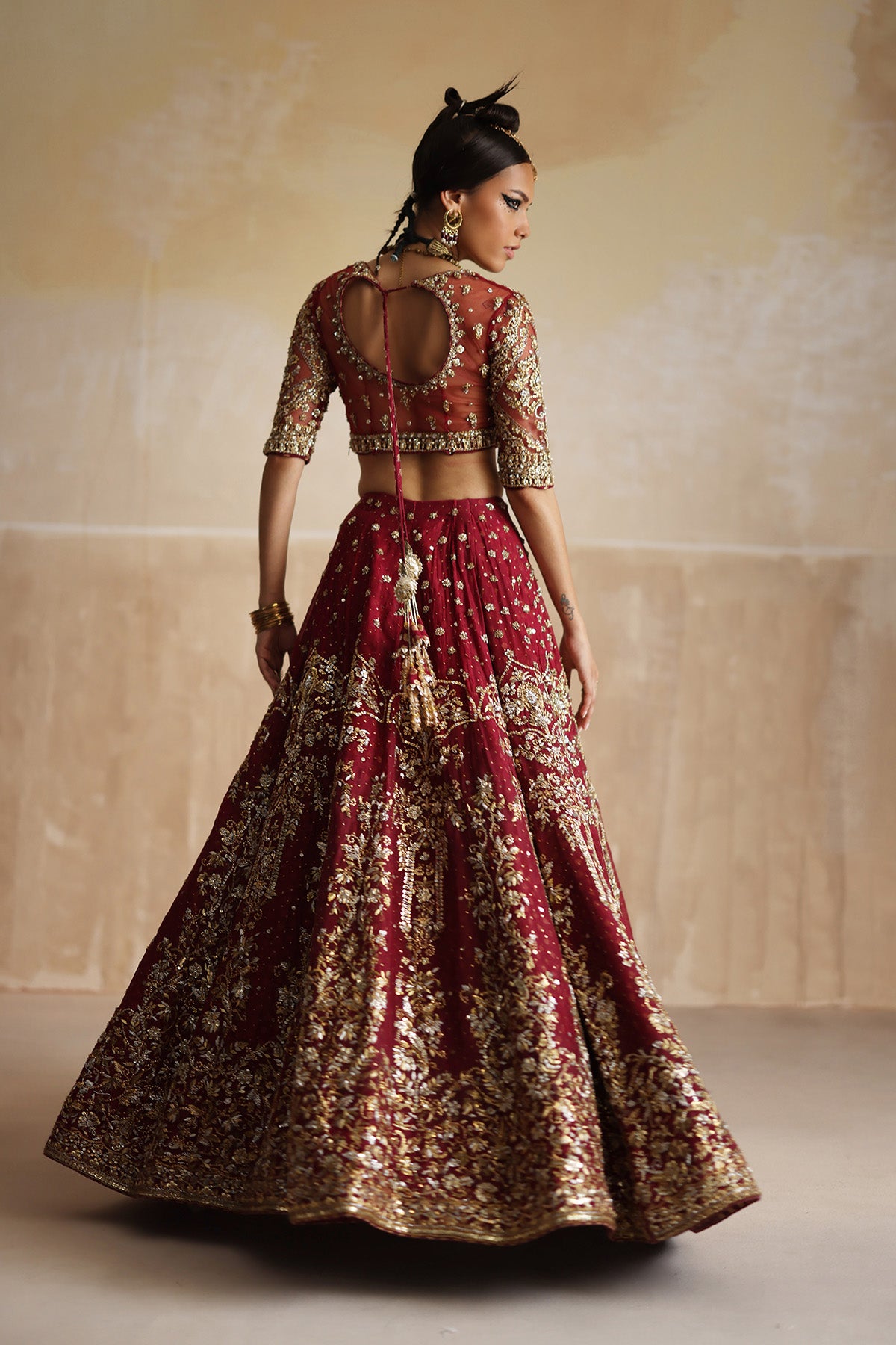 Pakistani Deep Red Zardozi Organza & Net Lehenga Choli (3-Piece) - Image 5