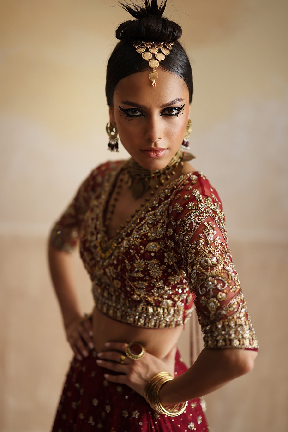 Pakistani Deep Red Zardozi Organza & Net Lehenga Choli (3-Piece) - Image 6