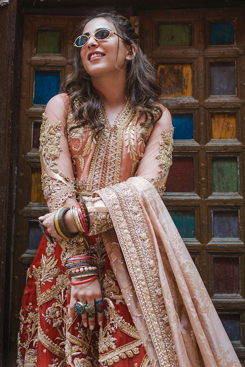 Pakistani Coral & Crimson Embroidered Organza Lehenga (3-Piece) - Image 1