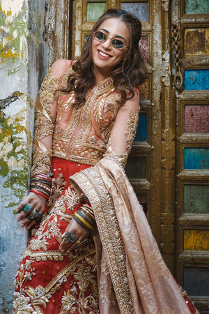 Pakistani Coral & Crimson Embroidered Organza Lehenga (3-Piece) - Image 10