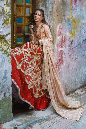 Pakistani Coral & Crimson Embroidered Organza Lehenga (3-Piece) - Image 4