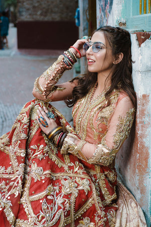 Pakistani Coral & Crimson Embroidered Organza Lehenga (3-Piece) - Image 6