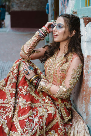 Pakistani Coral & Crimson Embroidered Organza Lehenga (3-Piece) - Image 7