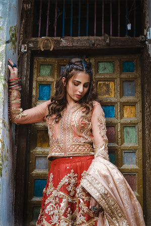 Pakistani Coral & Crimson Embroidered Organza Lehenga (3-Piece) - Image 9
