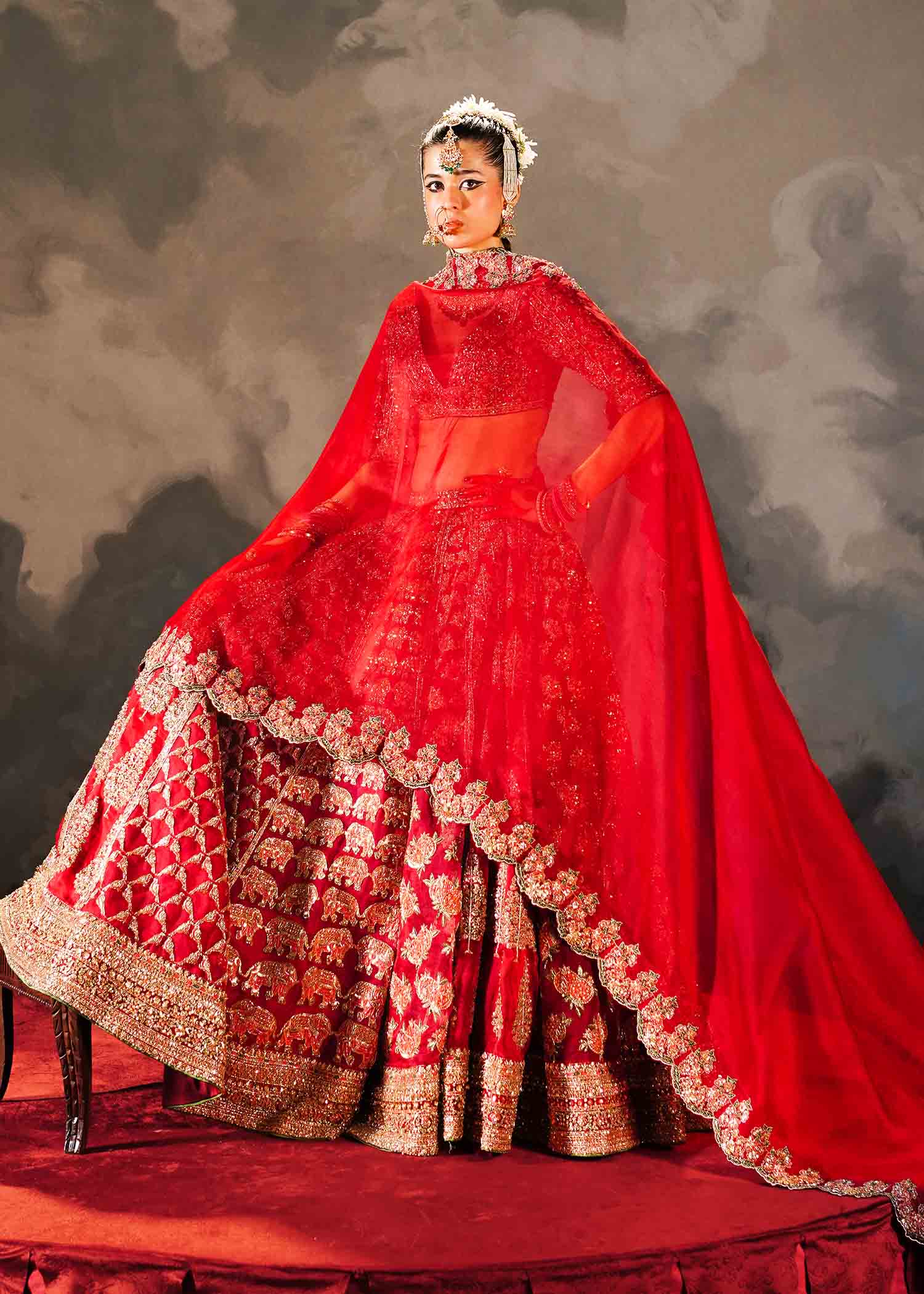 Red Embroidered Pure Organza Lehenga Choli (3-Piece) - Image 15